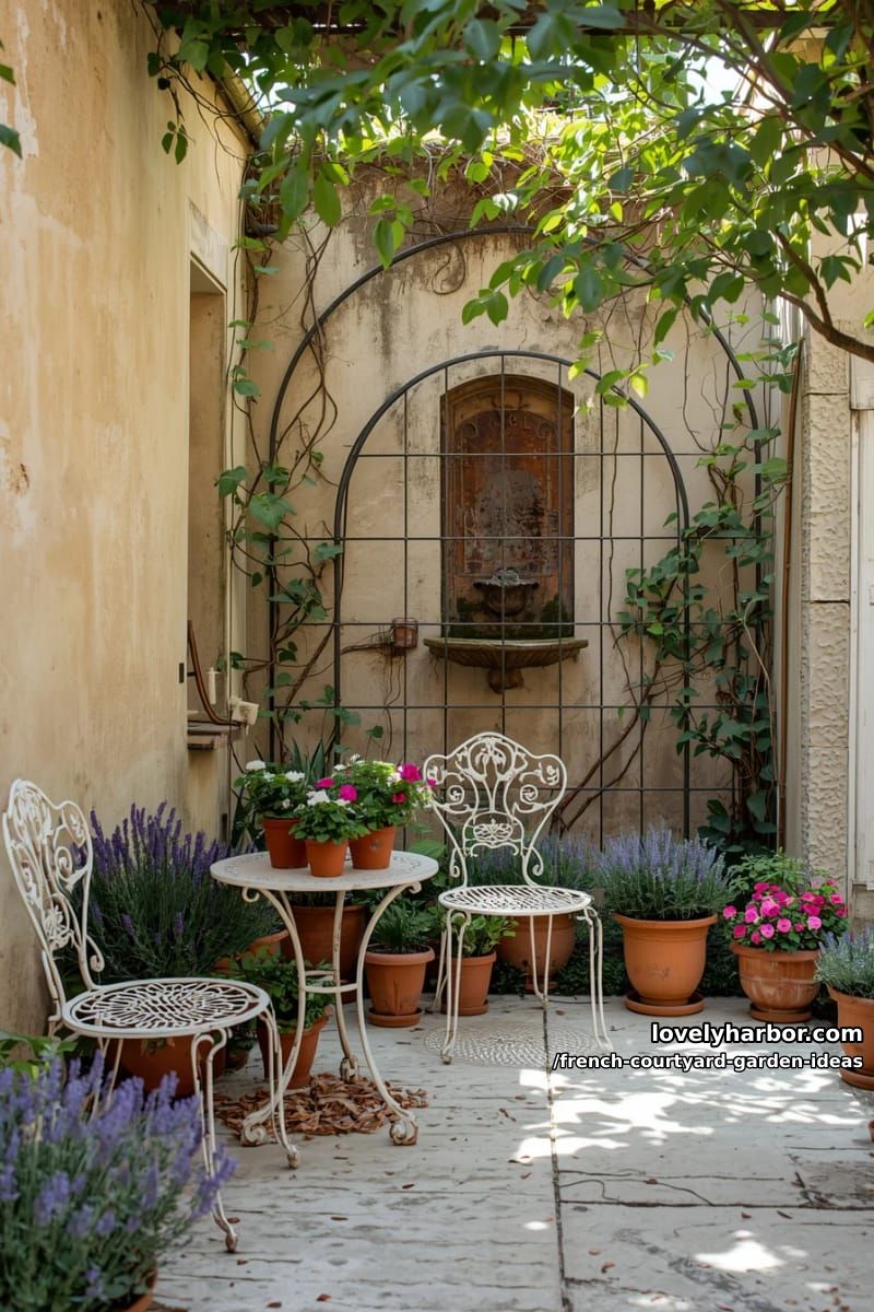 french courtyard with white wrought iron furniture, terracotta pots, and trailing ivy. 1