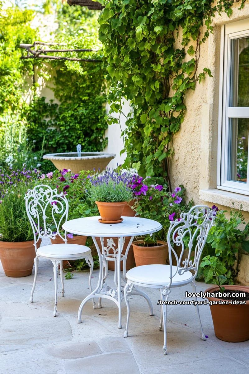 french courtyard with white wrought iron furniture, terracotta pots, and trailing ivy. 1