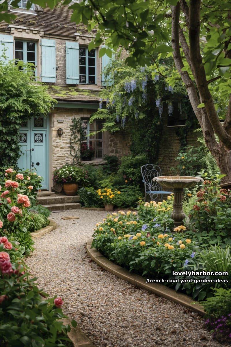 french-style backyard with stone cottages, blue doors, flowering beds, and birdbath. 1