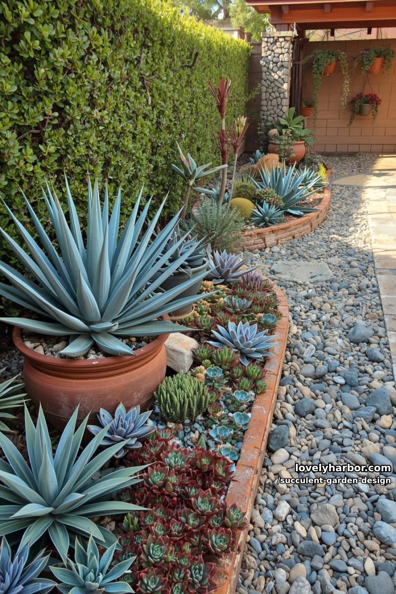 front yard succulent garden with agave, echeveria, pots, and hanging planters. 1
