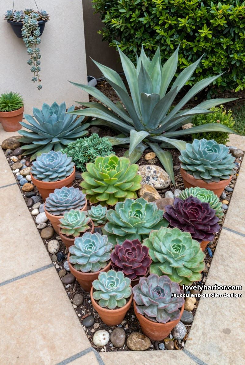 front yard succulent garden with agave, echeveria, pots, and hanging planters. 1