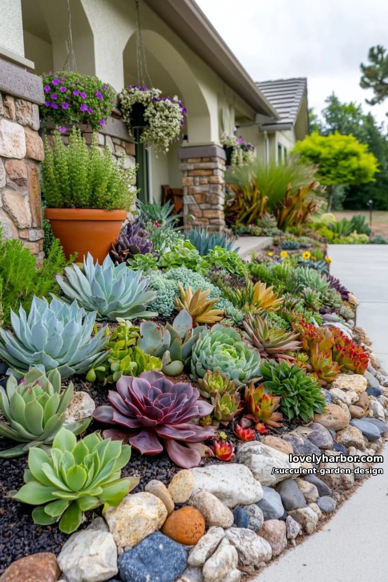 front yard succulent garden with agave, echeveria, pots, and hanging planters. 1