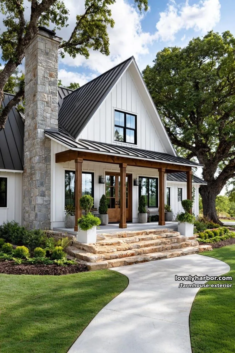 44 New Farmhouse Exterior Designs To Copy 76 gabled farmhouse, dark metal roof, white siding, stone chimney, wood porch, symmetrical windows. 1