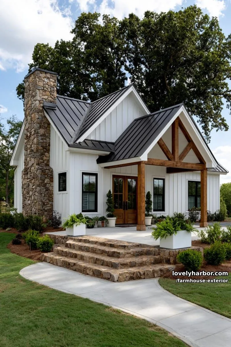 44 New Farmhouse Exterior Designs To Copy 77 gabled farmhouse, dark metal roof, white siding, stone chimney, wood porch, symmetrical windows. 1