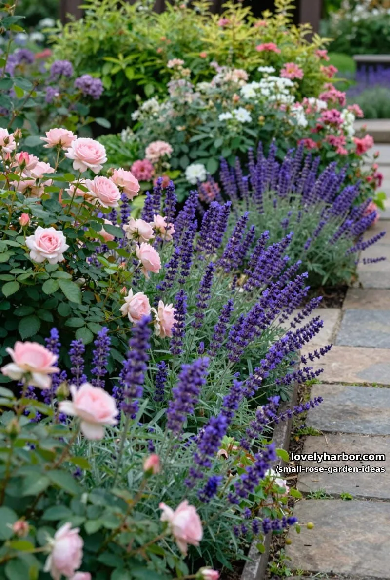 20 Chic Small Rose Garden Ideas for a Refreshing Outdoor Space 16 garden border with pink roses, purple salvia, and dense lavender. 1