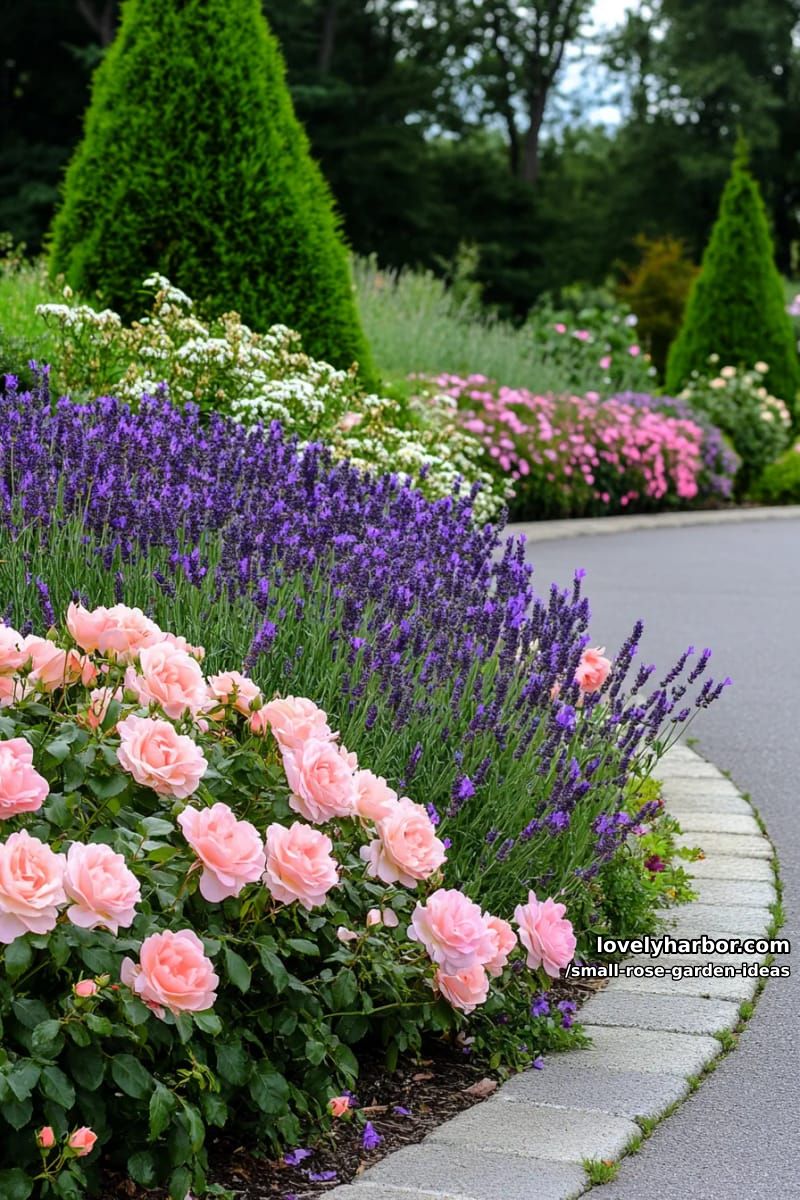 garden border with pink roses, purple salvia, and dense lavender. 1