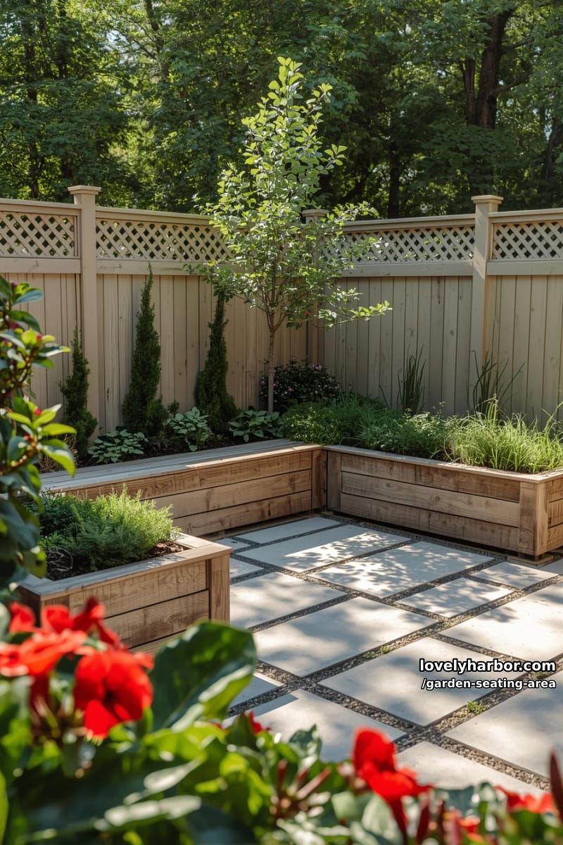 garden corner with l-shaped bench, raised planters, red flowers, and lattice fence 1