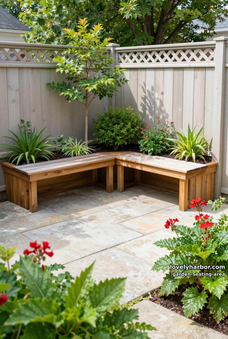 garden corner with l-shaped bench, raised planters, red flowers, and lattice fence 1