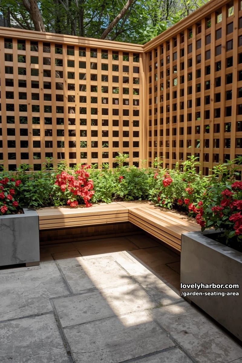 garden corner with l-shaped bench, raised planters, red flowers, and lattice fence 1