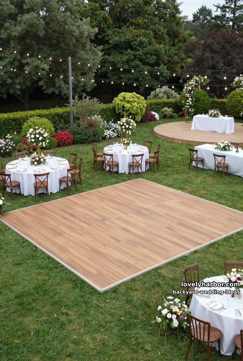 garden event with wooden dance floor, floral centerpieces, and string lights. 1