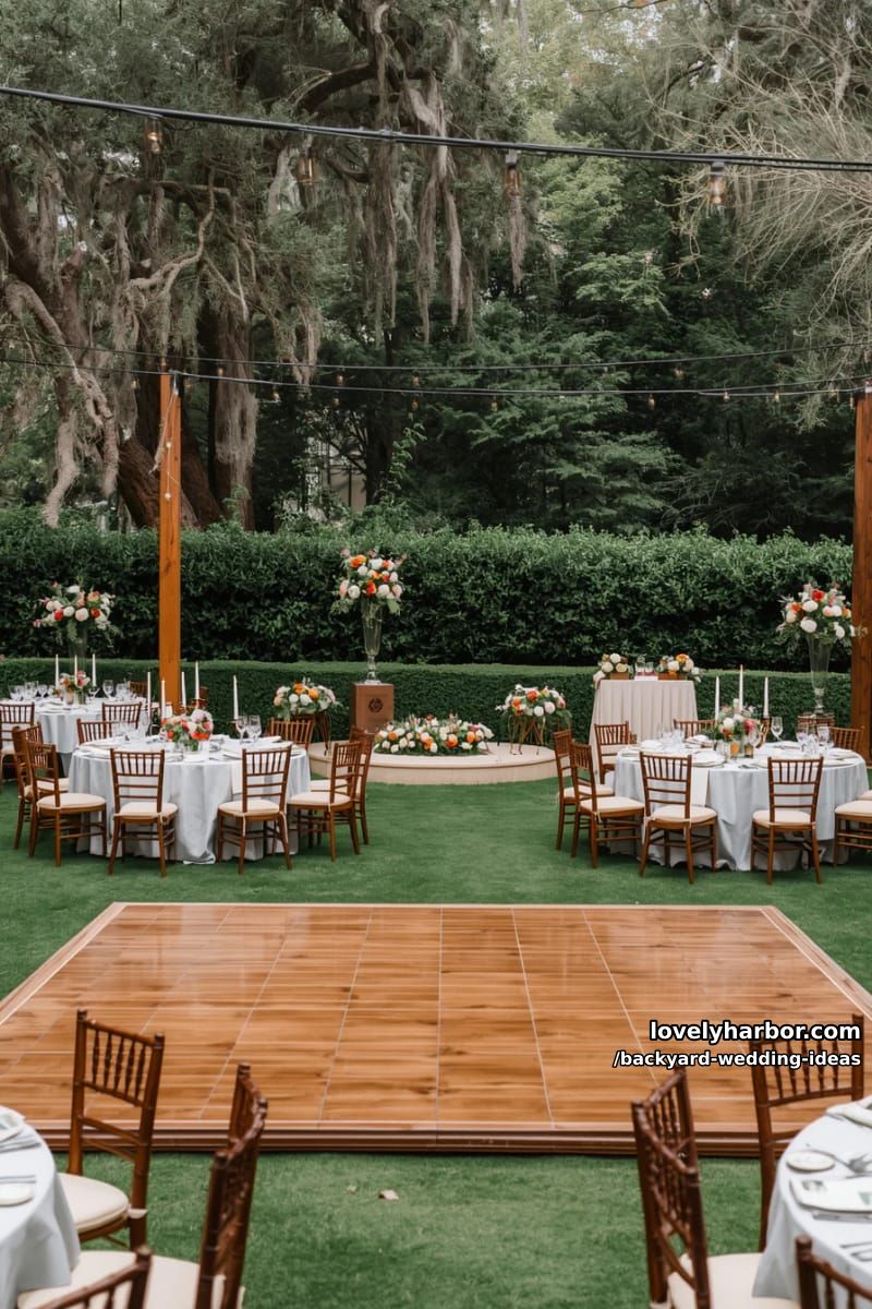 garden event with wooden dance floor, floral centerpieces, and string lights. 1