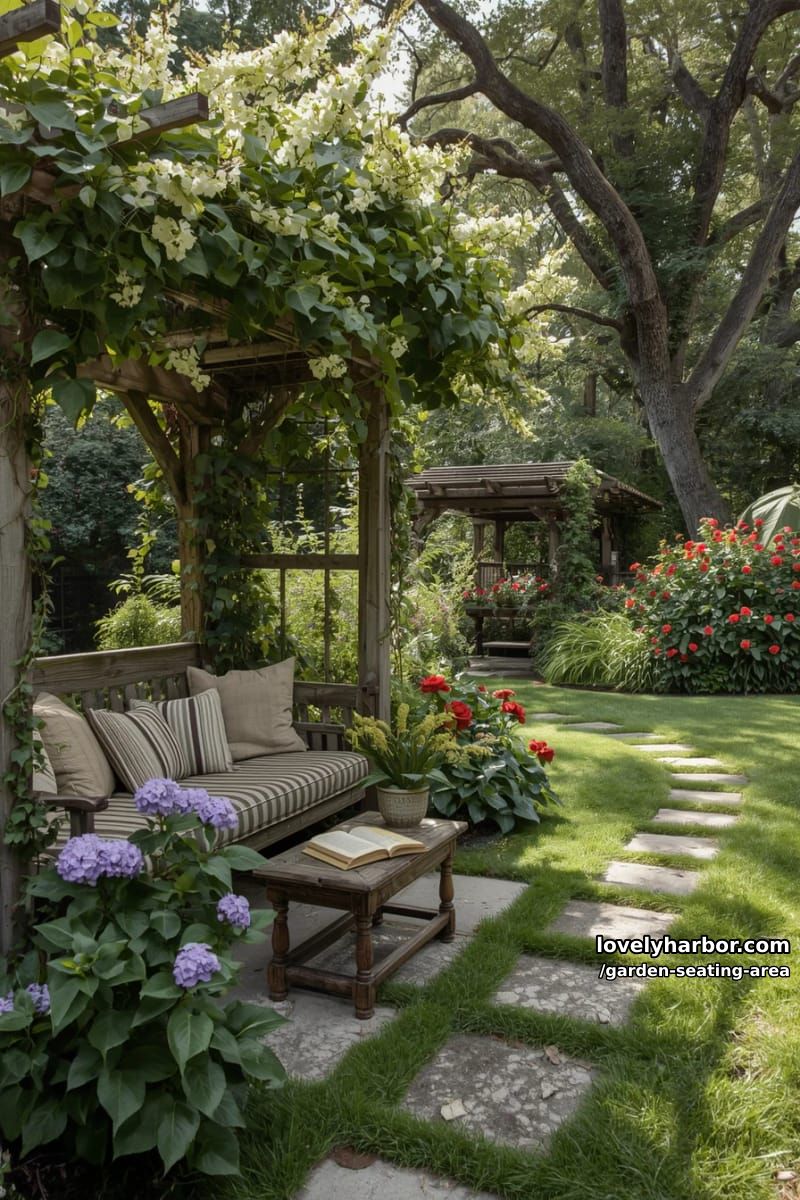garden nook, vine-covered pergola, built-in bench, flowering plants, stone path 1