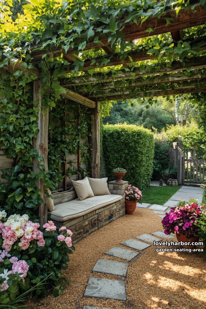 garden nook, vine-covered pergola, built-in bench, flowering plants, stone path 1