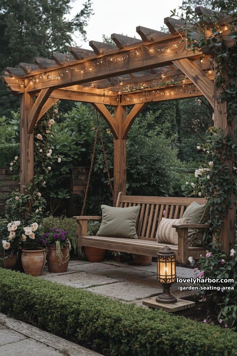 garden pergola with swing bench, string lights, flowering plants, and vintage lamp 1