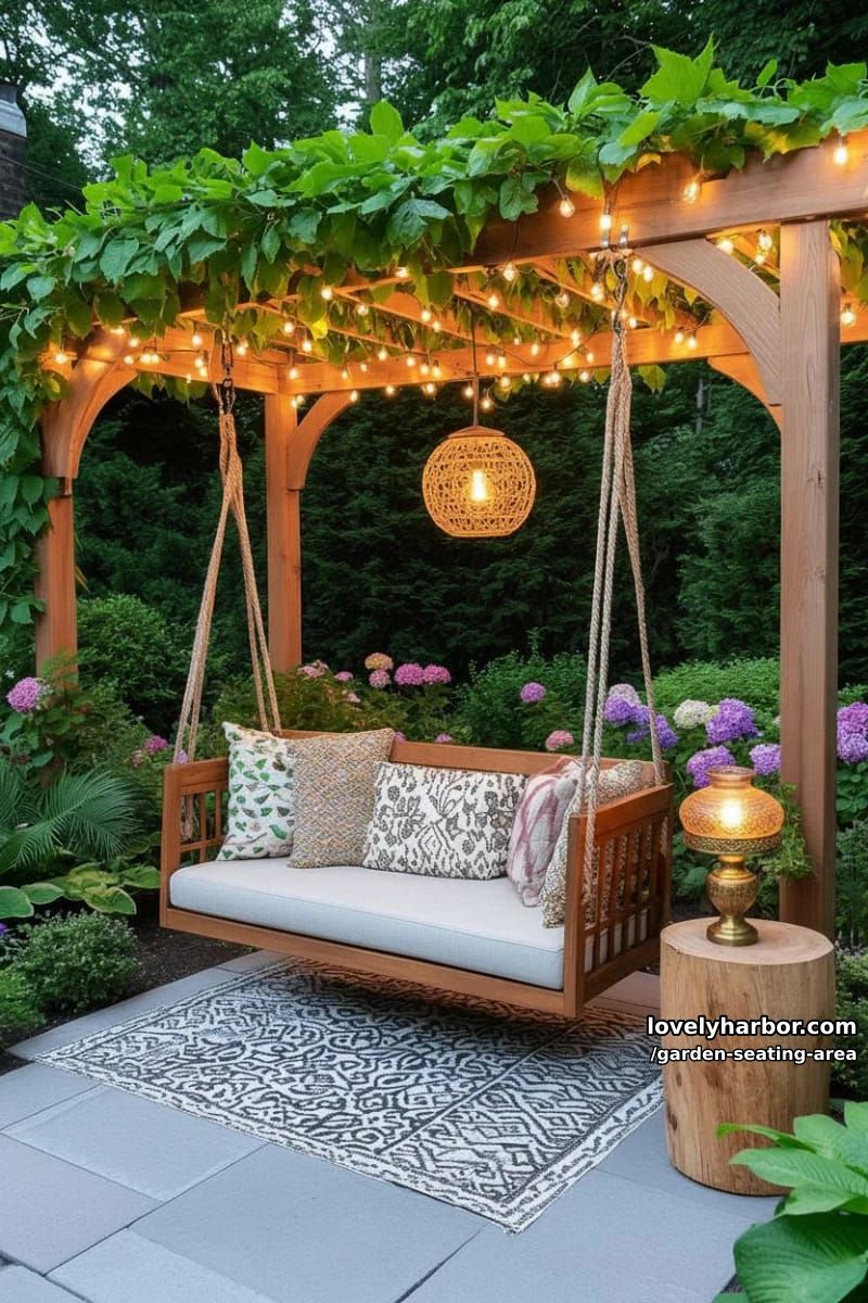 garden pergola with swing bench, string lights, flowering plants, and vintage lamp 1
