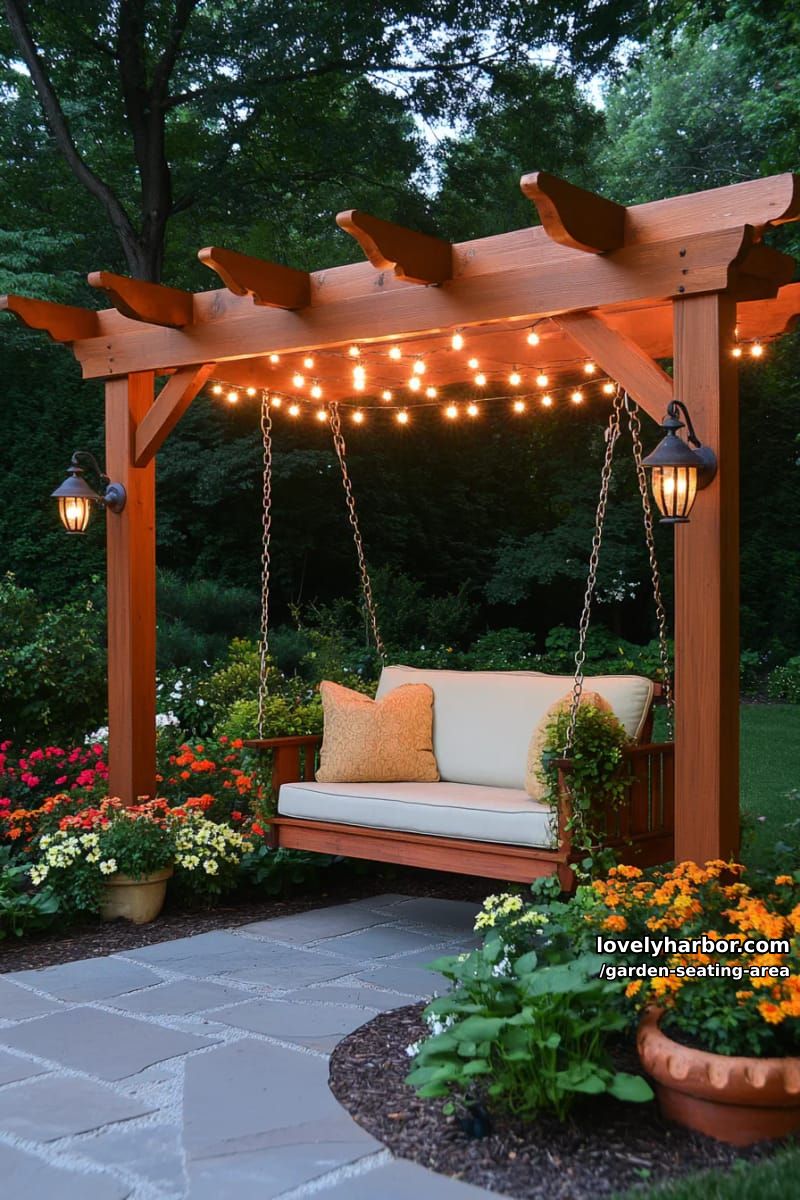 garden pergola with swing bench, string lights, flowering plants, and vintage lamp 1