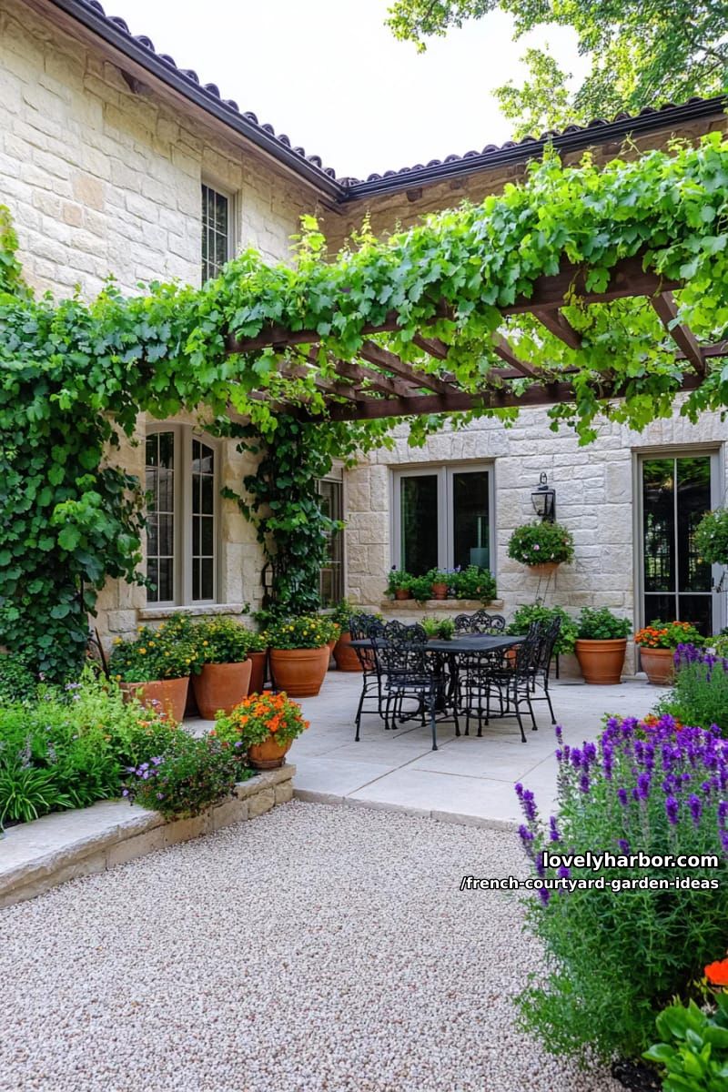 garden with grapevine arbor, wrought iron table, boxwood borders, and terracotta pots. 1