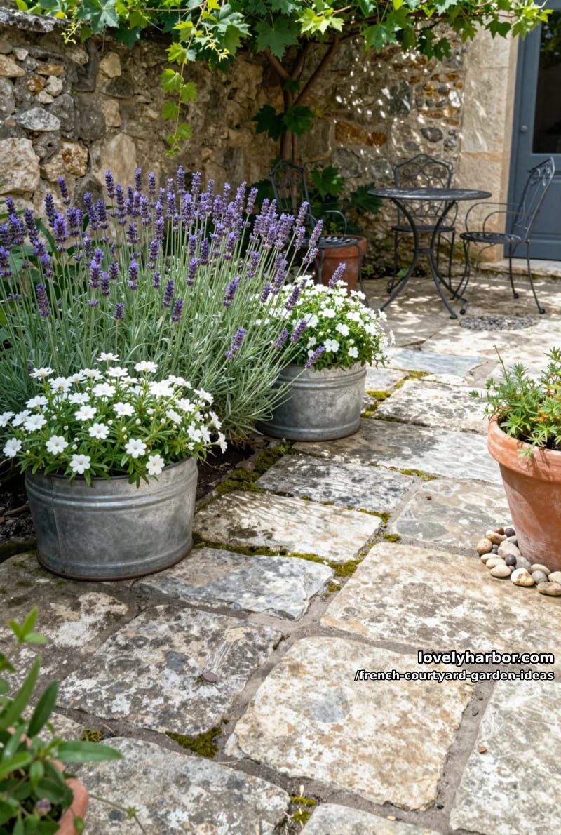 garden with lavender, white flowers in galvanized tubs, and rustic stone patio. 1