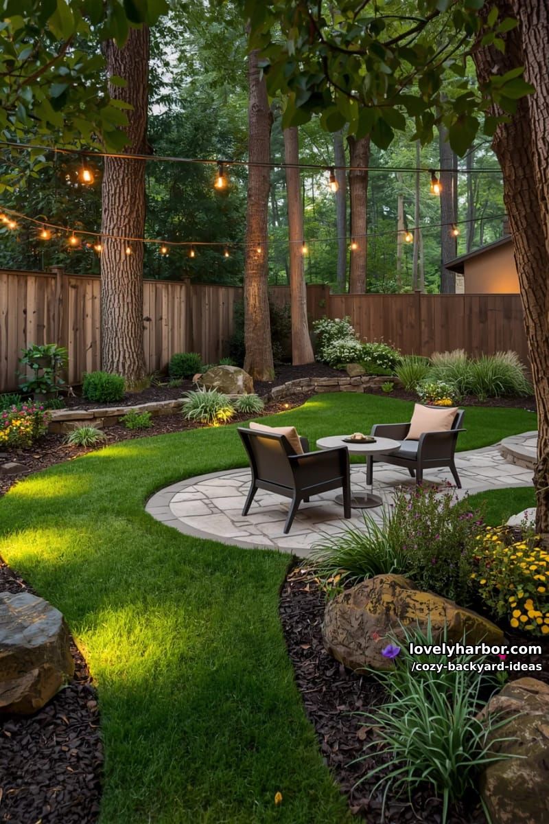 garden with string lights, stone path, landscaped beds, and circular seating area 1
