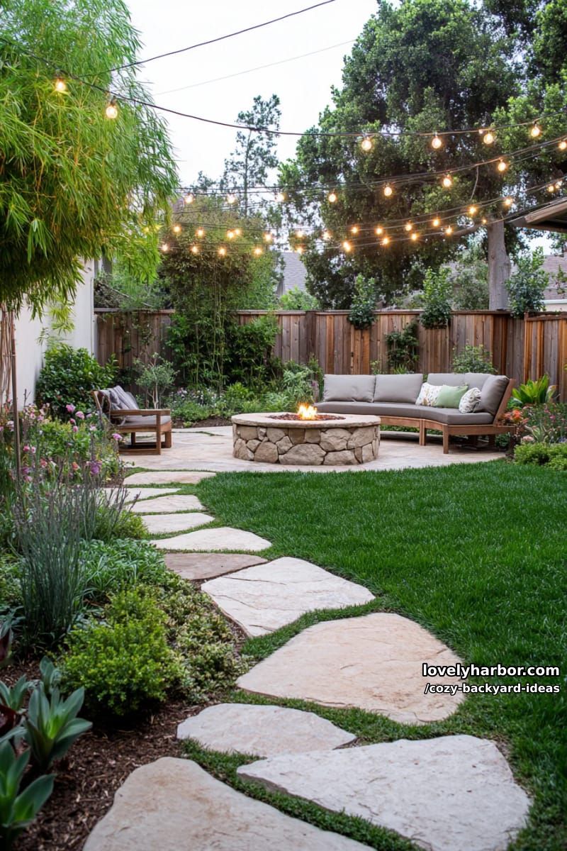 garden with string lights, stone path, landscaped beds, and circular seating area 1