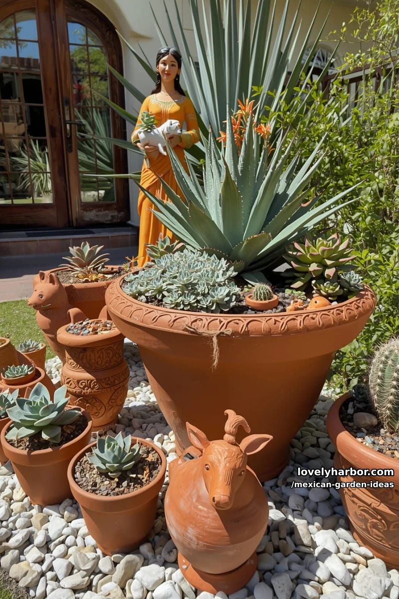 garden with terracotta pots, succulents, cacti, and decorative animal planters. 1