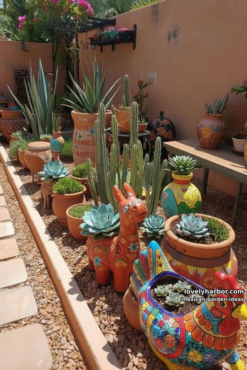 garden with terracotta pots, succulents, cacti, and decorative animal planters. 1
