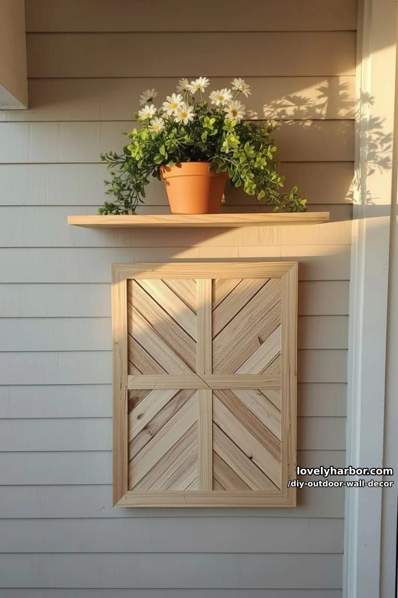 geometric wooden wall art with intersecting slats on outdoor siding 1