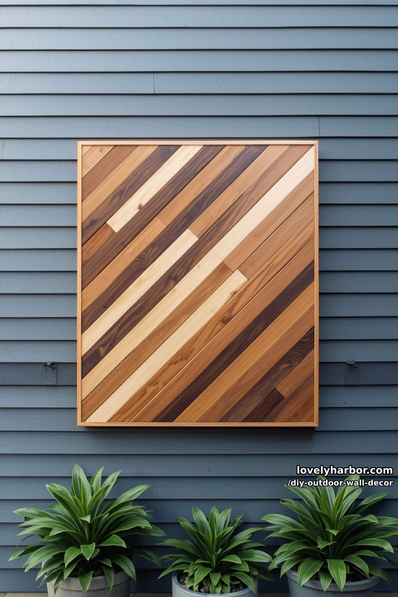 geometric wooden wall art with intersecting slats on outdoor siding 1