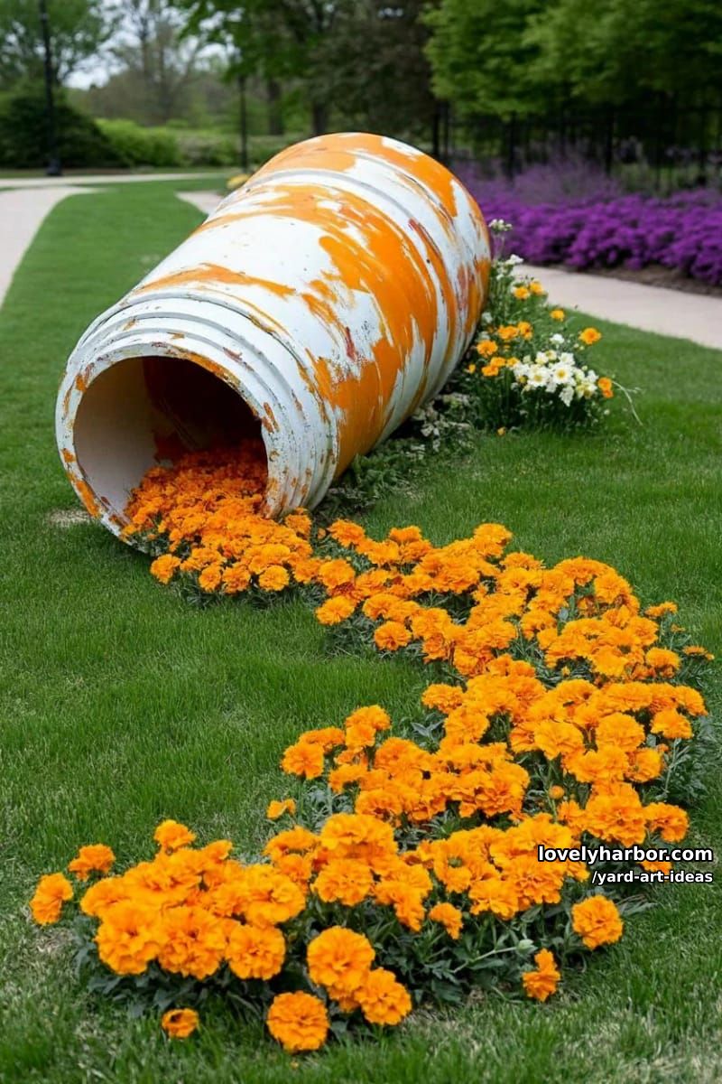 giant paint tube sculpture "spilling" orange flowers onto green lawn. 1