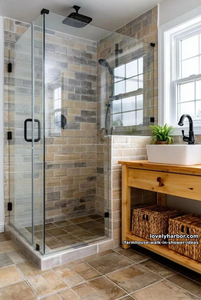 glass-enclosed farmhouse shower with earth-toned tiles and black fixtures. 1