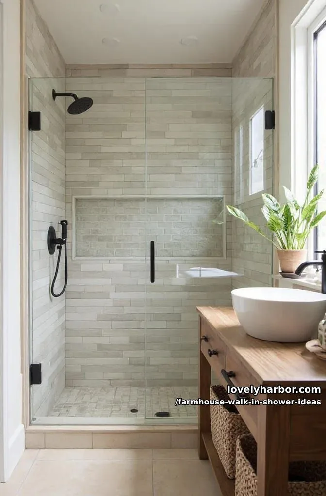 glass-enclosed farmhouse shower with earth-toned tiles and black fixtures. 1
