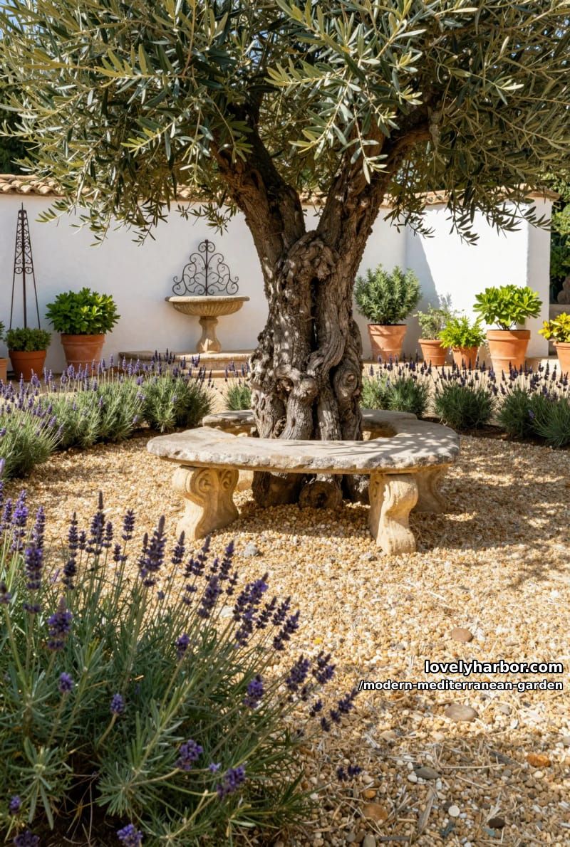 gnarled olive tree centerpiece, lavender, rosemary, stone bench, stucco wall, fountain. 1