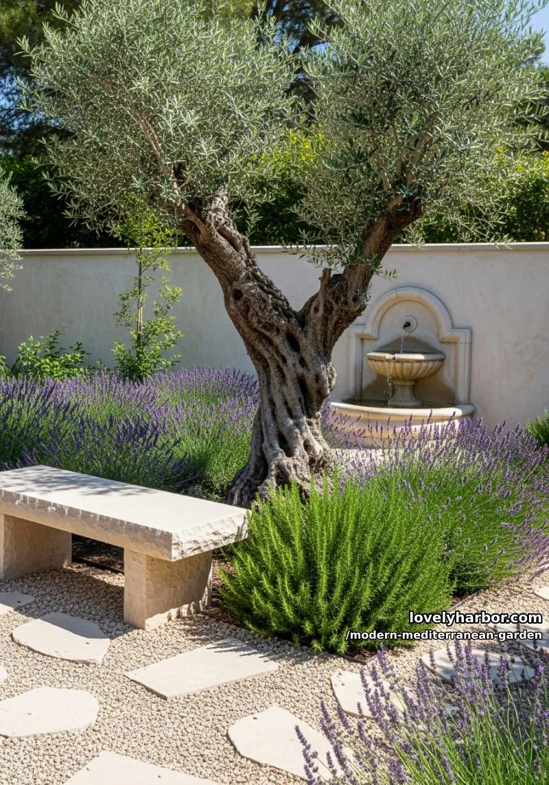 gnarled olive tree centerpiece, lavender, rosemary, stone bench, stucco wall, fountain. 1