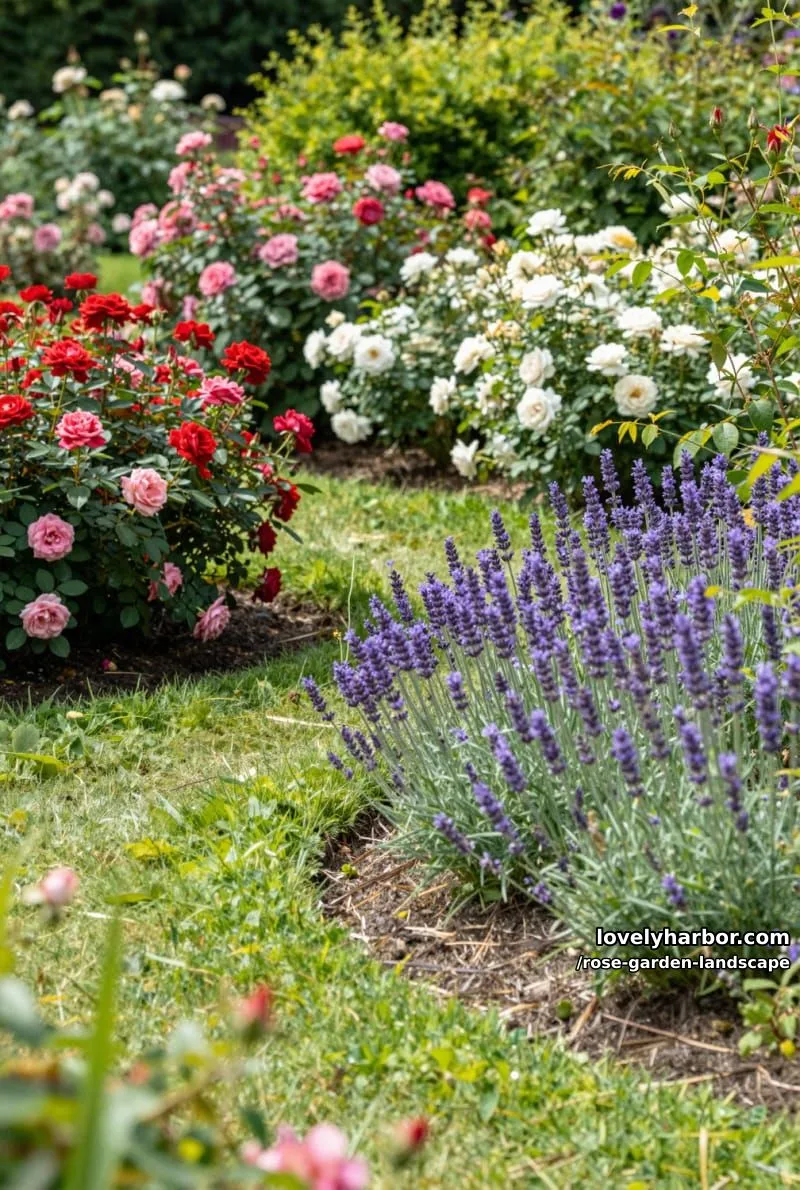 grass paths winding through vibrant rose and lavender garden beds. 1