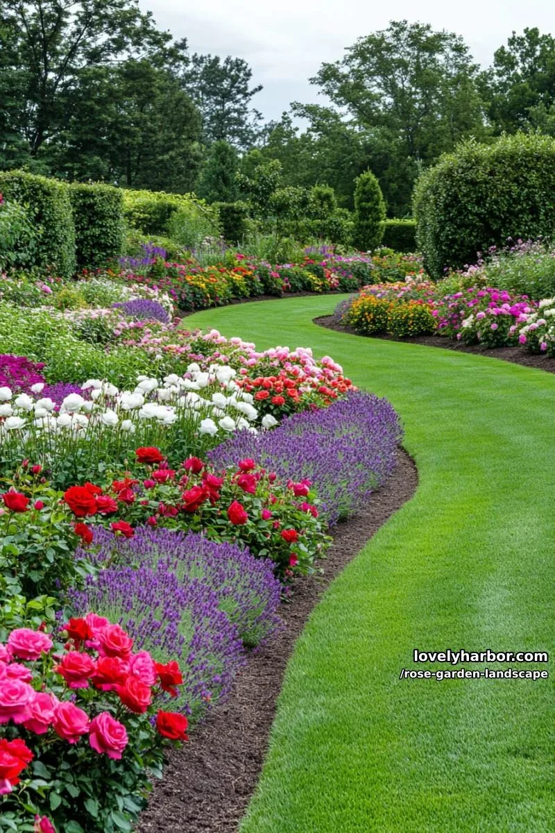 grass paths winding through vibrant rose and lavender garden beds. 1
