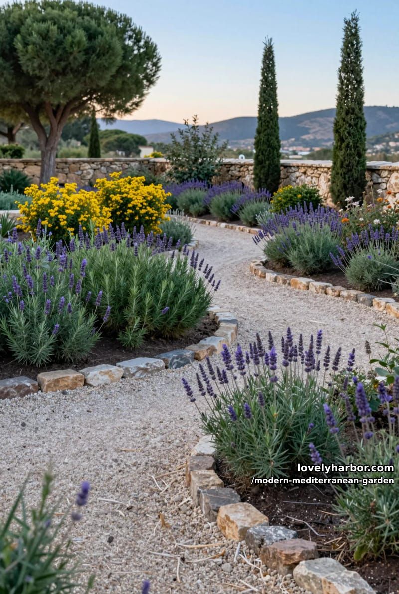gravel garden with curved paths, rosemary, lavender, cypress, and distant hills. 1