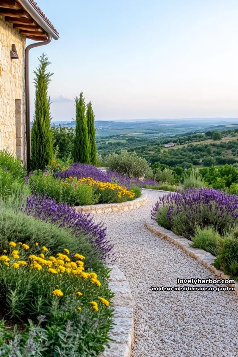 gravel garden with curved paths, rosemary, lavender, cypress, and distant hills. 1