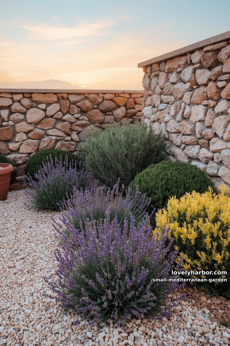 gravel garden with lavender, rosemary, yellow shrubs, stone wall, sunset sky. 1