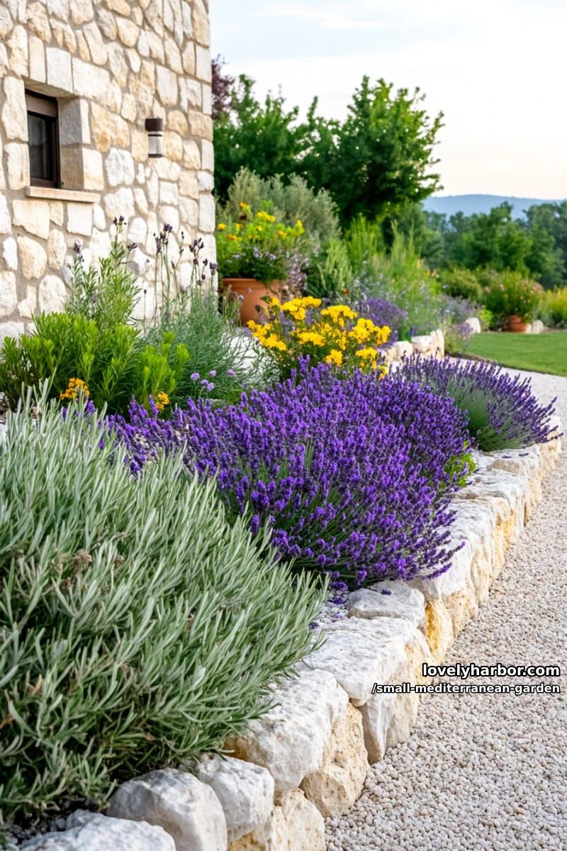 gravel garden with lavender, rosemary, yellow shrubs, stone wall, sunset sky. 1