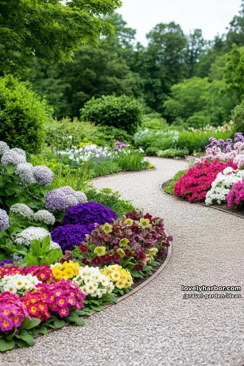 gravel path bordered by dense flowering plants in lush daylight garden. 1