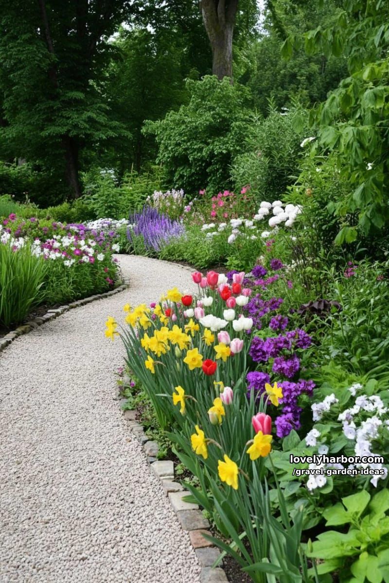 gravel path bordered by dense flowering plants in lush daylight garden. 1