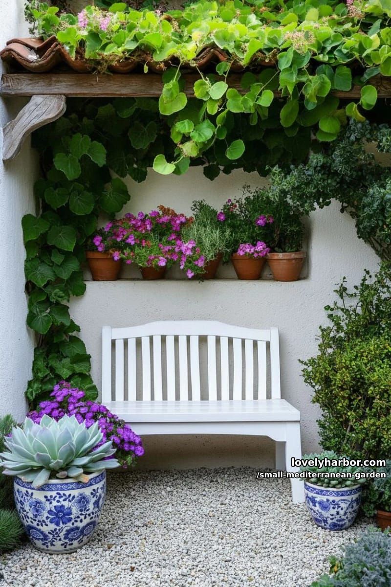 gravel path, ceramic pot, succulents, flowering shrubs, white bench, vines. 1