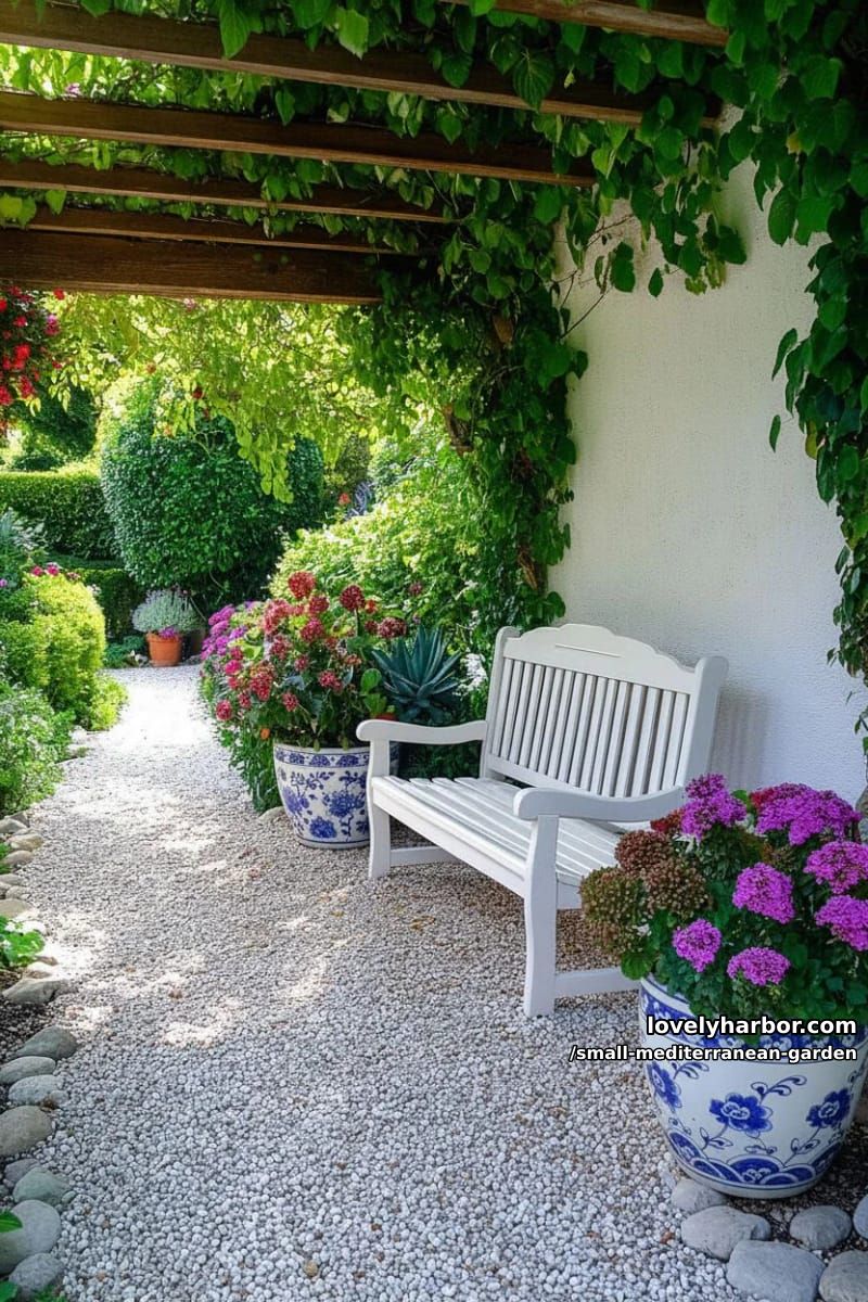 gravel path, ceramic pot, succulents, flowering shrubs, white bench, vines. 1