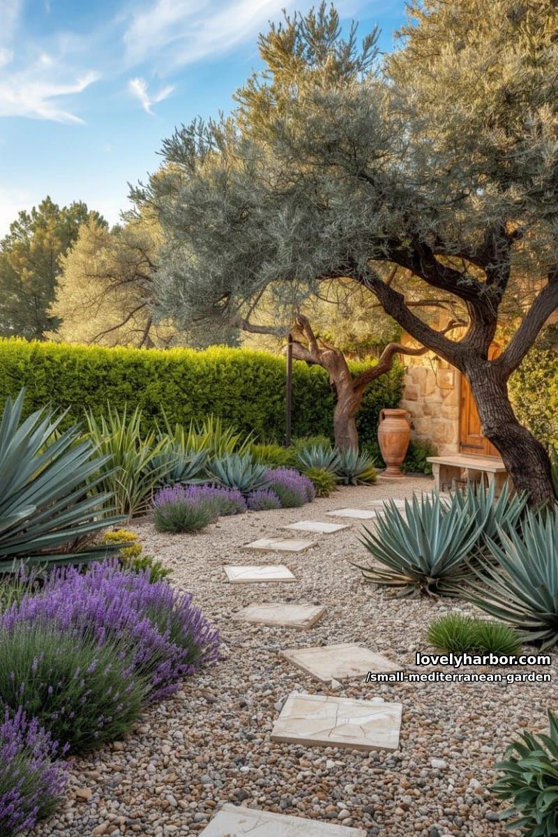 gravel path, flat stones, lavender, agave, olive trees, rustic urns. 1