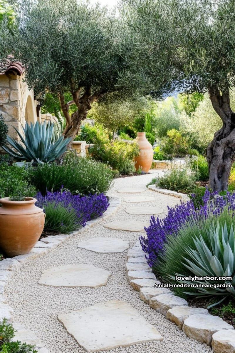 gravel path, flat stones, lavender, agave, olive trees, rustic urns. 1