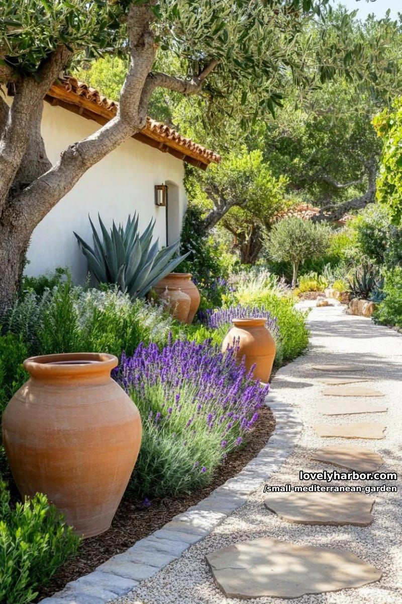 gravel path, flat stones, lavender, agave, olive trees, rustic urns. 1