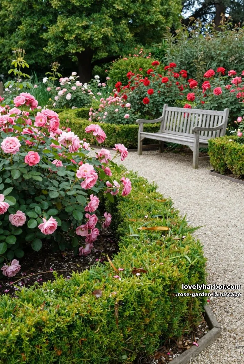 gravel pathway lined with boxwood hedges and blooming pink and red roses. 1