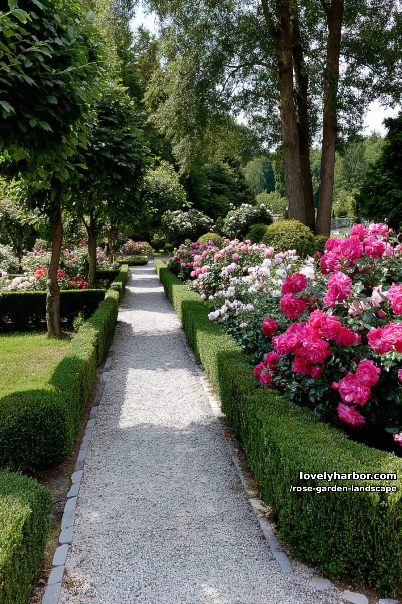gravel pathway lined with boxwood hedges and blooming pink and red roses. 1