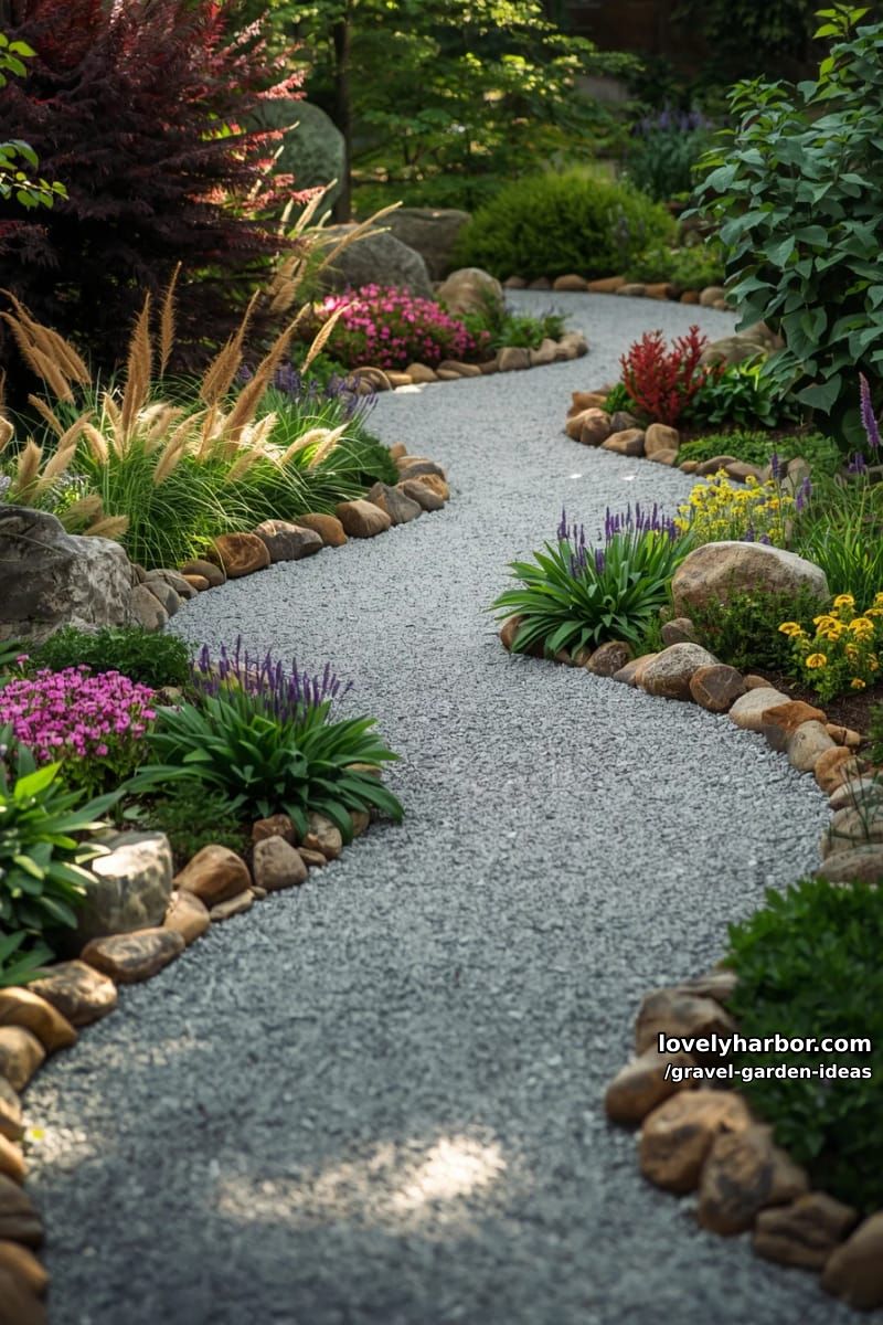 gravel pathway winding through lush garden with stones and perennials. 1