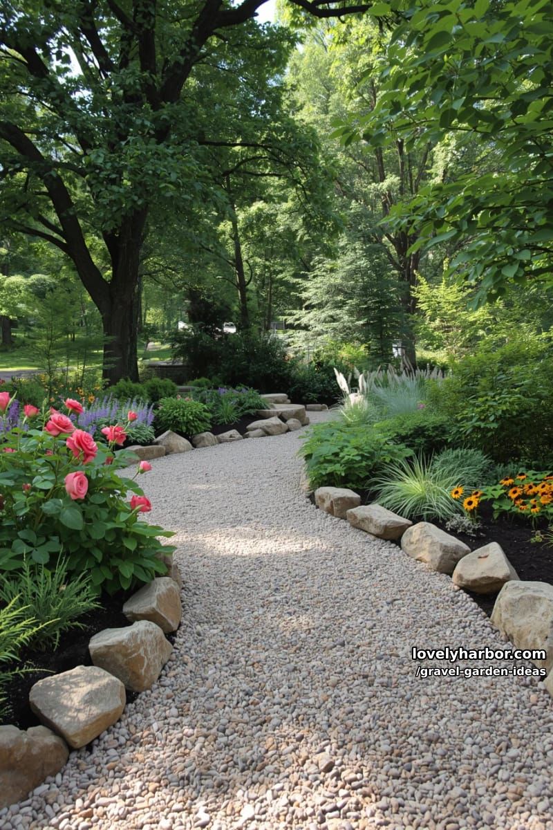 gravel pathway winding through lush garden with stones and perennials. 1